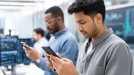 Two professionals engaged with mobile devices in a tech-savvy environment, surrounded by digital screens displaying data and graphs.