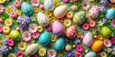 Fototapeta premium Drone View: Delicate Easter Eggs & Spring Flowers, Pastel Colors