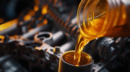 Mechanic refueling and pouring high-quality oil into vehicle engine for car maintenance and gear transmission service in auto repair garage. Energy fuel and engine care concept