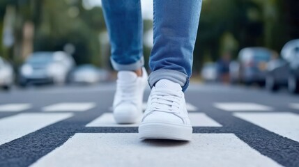 Casual Stylish Footwear Walking on Pedestrian Crossing in Urban Environment with Cars in Background
