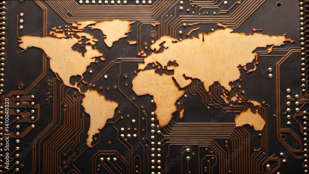 Poster world map burned into circuit board design with digi gigapixel quality