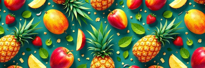 Colorful seamless pattern with tropical fruits like pineapple, mango, and coconut, seamless, mango, vibrant