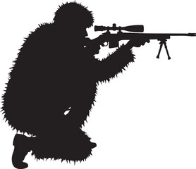 Sniper in Ghillie Suit Silhouette – Tactical Marksman Illustration

Camouflaged Shooter Silhouette – Military Sniper Art

Stealth Marksman in Position – Black and White Sniper Design

