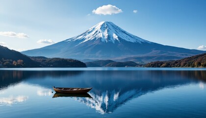 Tranquil boat ride on lake with mount fuji in background japan landscape photography serene environment wide angle view