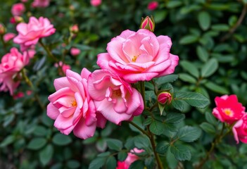 Obraz premium Pink rose bush blooms in Sofia, Bulgaria nature park, sunlight, floral