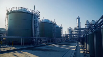 Obraz premium Industrial Plant Storage Tanks at Dawn.