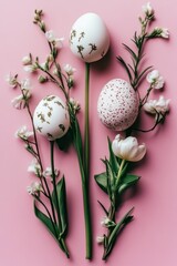 Fototapeta premium Easter eggs and leaves arranged on pink background. Concept of Easter celebration and spring.