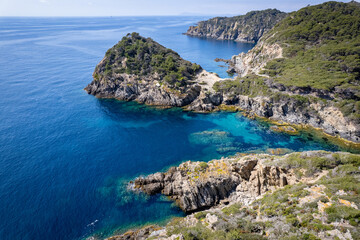 Aerial view of the Island of Porquerolles and the Sentier du Litoral Hiking cliffs and Sailboat Anchorage Beaches