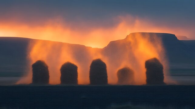Sunset Hay Bales Dust Storm Scenic Landscape