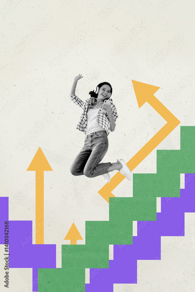 Poster poster template collage of person jump up win with arrows up puzzle pice on pastel color background