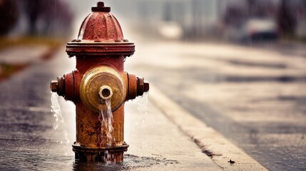 Clear water forcefully gushing out from an open fire hydrant onto urban street, representing emergency water supply, urban infrastructure, pressure system and public safety concept