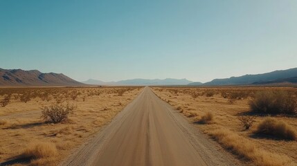 Fototapeta premium A vast, empty road stretches through a sunlit desert landscape, showcasing the beauty of open spaces and serenity.