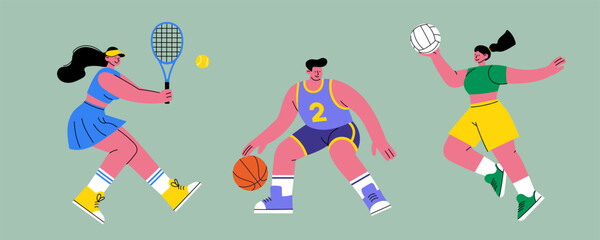 Team sports players set. Flat illustration of tennis, basketball, and volleyball athletes in action. Perfect for fitness blogs, sport posters, gym promotions, and educational materials.
