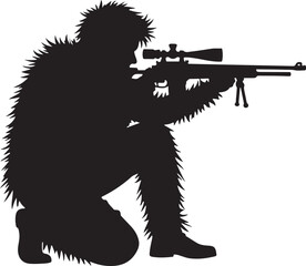 Sniper in Ghillie Suit Silhouette – Tactical Marksman Illustration

Camouflaged Shooter Silhouette – Military Sniper Art

Stealth Marksman in Position – Black and White Sniper Design

