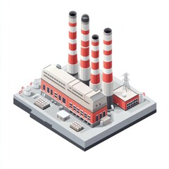 Industrial power plant isometric illustration.  Complex factory with multiple tall chimneys and support structures, situated on a platform.  Various elements suggest energy generation and distribution