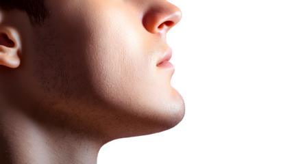 HDR image of a human chin, side angle, clean light gradient, isolated white background