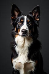 Fototapeta premium Portrait of a beautiful border collie against a dark grey backdrop, portrait, black and white, adorable