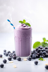 Blueberry smoothie in tall glass in white modern kitchen with fresh blueberries and mint leaves