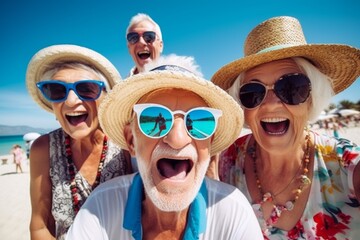 Portrait of a smiling group of a European pensioners having fun at Mediterranean beach looking at the camera