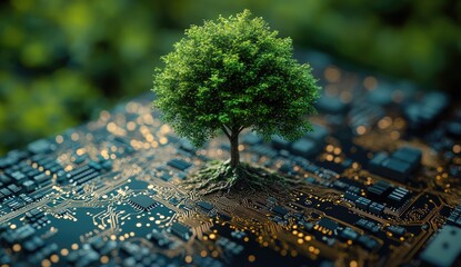 Vibrant Green Tree Growing from Illuminated Circuit Board Symbolizing Nature and Technology Integration with Out of Focus Green Background