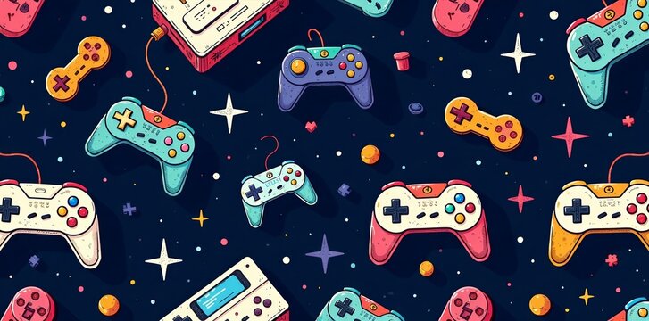 Retro doodle joystick video game console seamless pattern for gamers, console, outline, Joystick