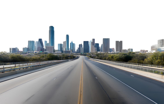 Beautiful city skyline with a highway road, isolated on a transparent background - Powered by Adobe
