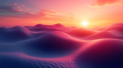 Sunset over undulating pink and purple sand dunes
