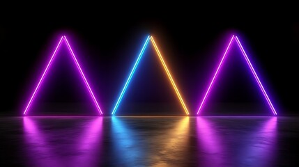 Neon Triangle Lights Reflecting On Dark Floor