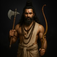 Parshuram jayanti poster design with a lord parshuram portrait holding an axe and bow.