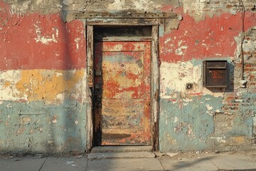 Old door in weathered wall with peeling paint and a mailbox.