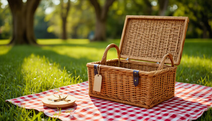 Everyday objects - for downstream advertisement and design: An open wicker picnic basket sits on a red and white checkered blanket in a grassy park, hinting at a relaxing outdoor meal.