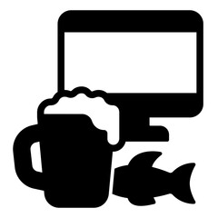 Beer mug and dryed fish at monitor solid icon, fishery concept. Vector graphics. Fisher man joy drink sign on white background, glyph style mobile or design.