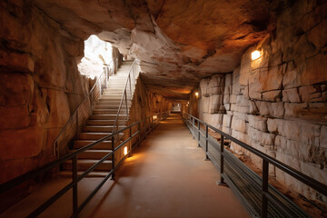 Obraz premium Cave Passage: Concrete path and stairs in a tunnel, lined with railings and artificial lighting.