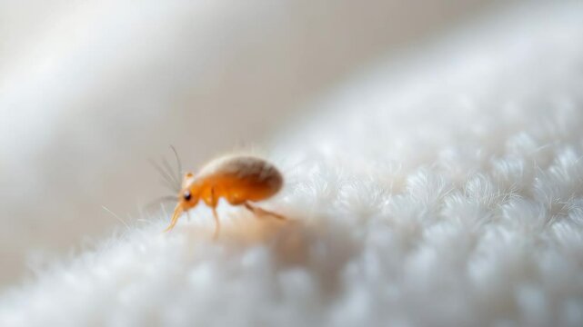 Close-up of a flea crawling on soft fabric  