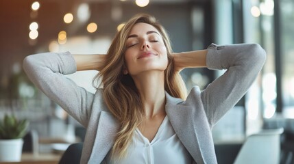 A young woman enjoying a moment of relaxation in a modern office environment, embracing a sense of calm and mindfulness.