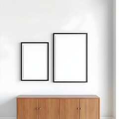 Minimalist interior with two blank posters on wall above wooden cabinet.