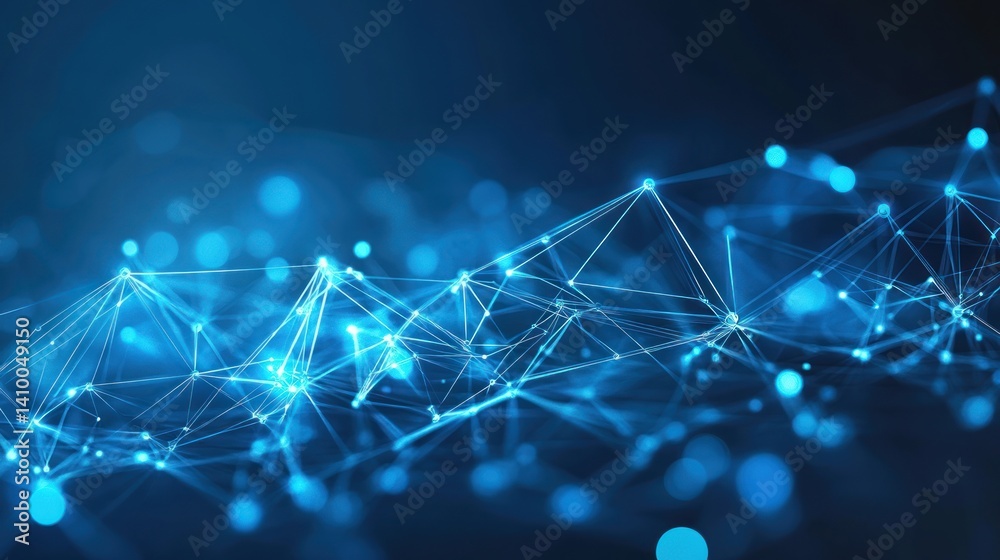 Poster abstract visualization of interconnected nodes and lines, representing digital networks and data com