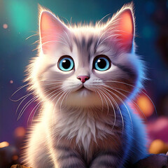 Blue-eyed kitten  in cat dreamy night fantasy background.