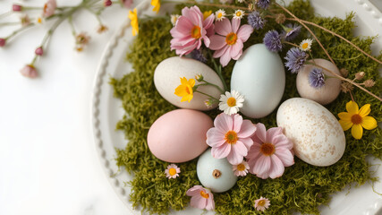 Easter eggs with natural flowers decor laid out on platter with moss close-up, soft focus. Zero Waste Easter Concept