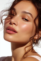 Close-up beauty shot of a young woman with flawless skin, natural makeup, and soft, tousled hair.