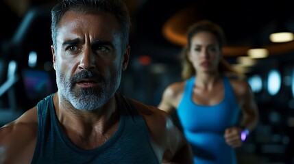 Obraz premium Focused gym-goers intensely exercising on treadmills.