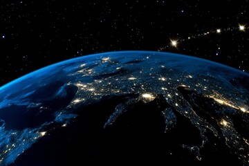 Obraz premium Stunning view of earth from space at night showcasing city lights and celestial stars