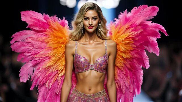 Fashion Model Struts Down the Runway in a Pink and Orange Feathered Outfit