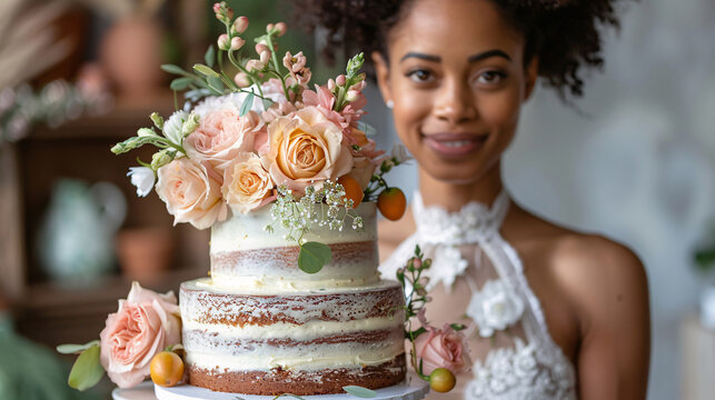 A beautiful African American pastry chef showcasing a perfectly decorated naked cake with floral decorations and bergamot orange accents