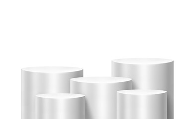 A set of white cylindrical shelves in a studio room for product display PNG transparent.