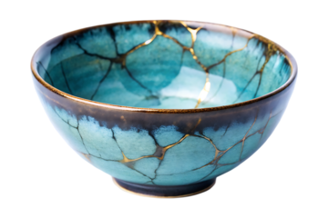 japanese kintsugi light blue glossy black textured bowl detailed image on transparent background
