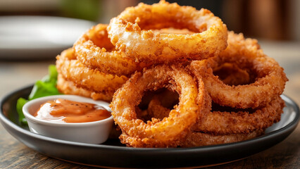 Crispy Onion Rings GoldenBrown Stacked Delight with Spicy Dip