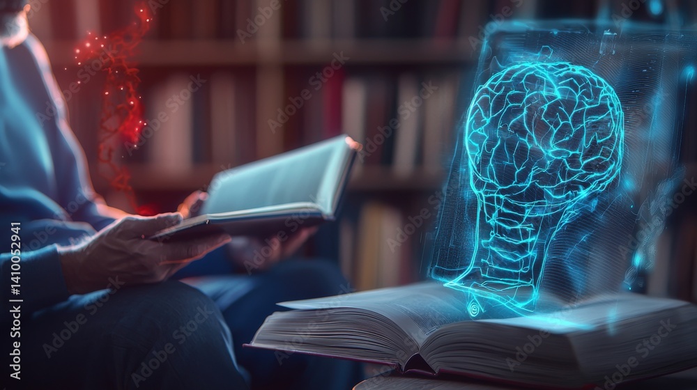 Poster exploring ai in literature a reader engaged with digital concepts library visual art intellectual en