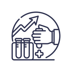 Illustration of clinical analysis with test tubes, a hand holding a dropper, and an upward arrow symbolizing progress.