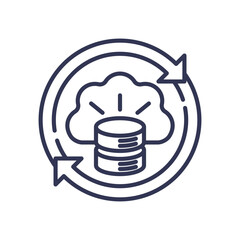 Cloud and database with arrows symbolize data backup and recovery.